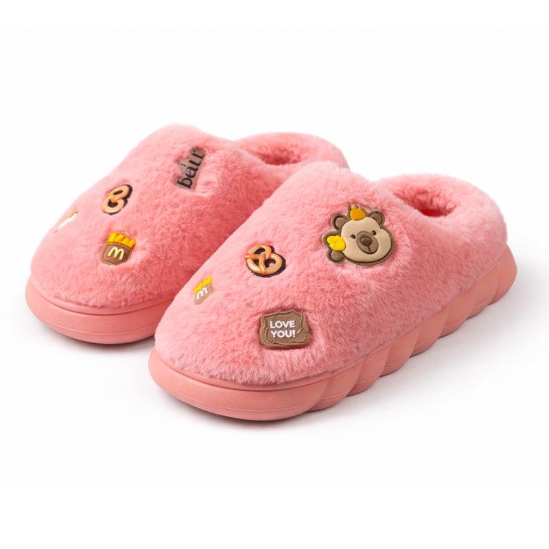 Women’s Plush Indoor Mule, Soft Fur Lined Cozy Home Slippers with Cute Patches, Lightweight & Warm